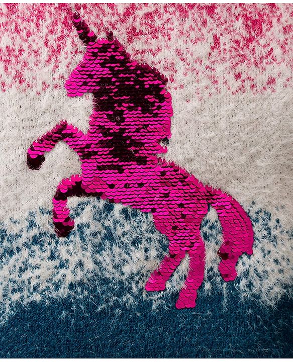 Babyhug Knit Full Sleeves Pullover Sweater with Reversible Unicorn Sequin Design - Multicolor