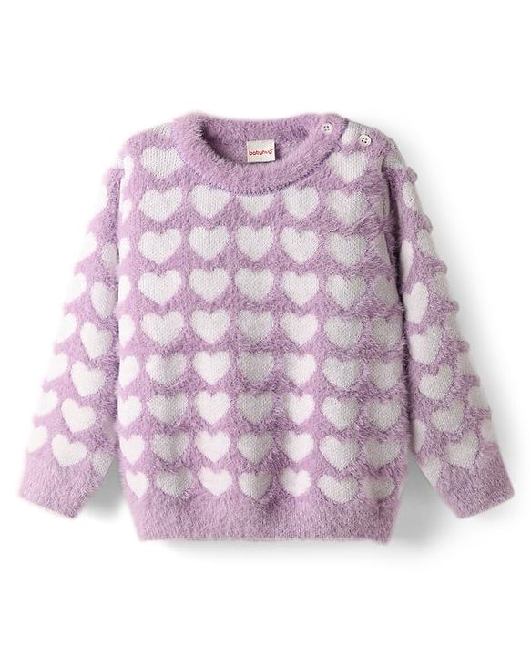 Babyhug Knit Full Sleeves Extra Soft Hairy Eyelash Yarn Pullover Sweater Set With Hearts Design - Mauve