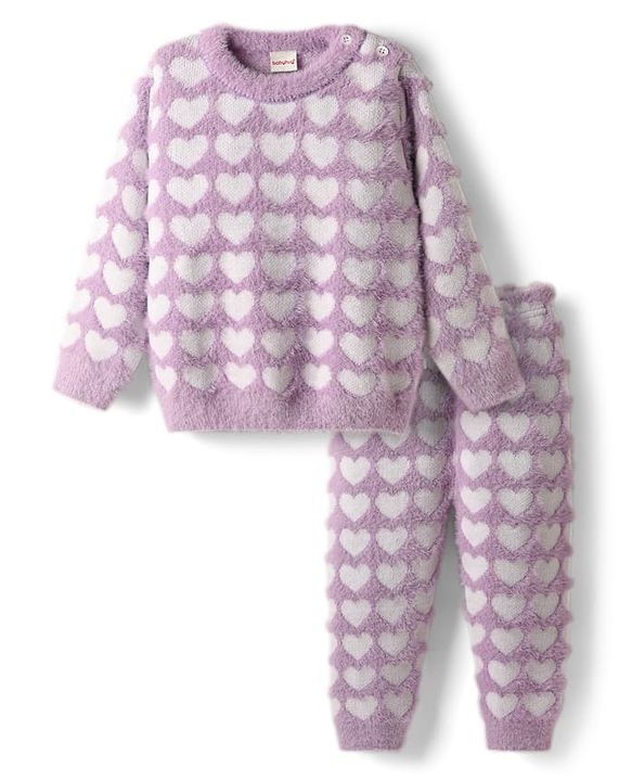 Babyhug Knit Full Sleeves Extra Soft Hairy Eyelash Yarn Pullover Sweater Set With Hearts Design - Mauve