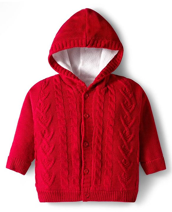Babyhug Knit Full Sleeves Front Open Hooded Sweater with Cable Knit Design - Red