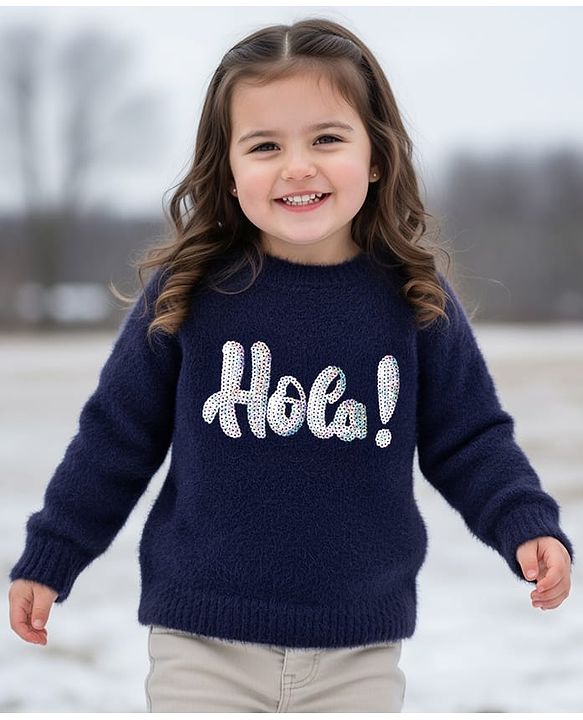 Babyhug Knit Full Sleeves Pullover Sweater with Sequin Detailing - Navy Blue