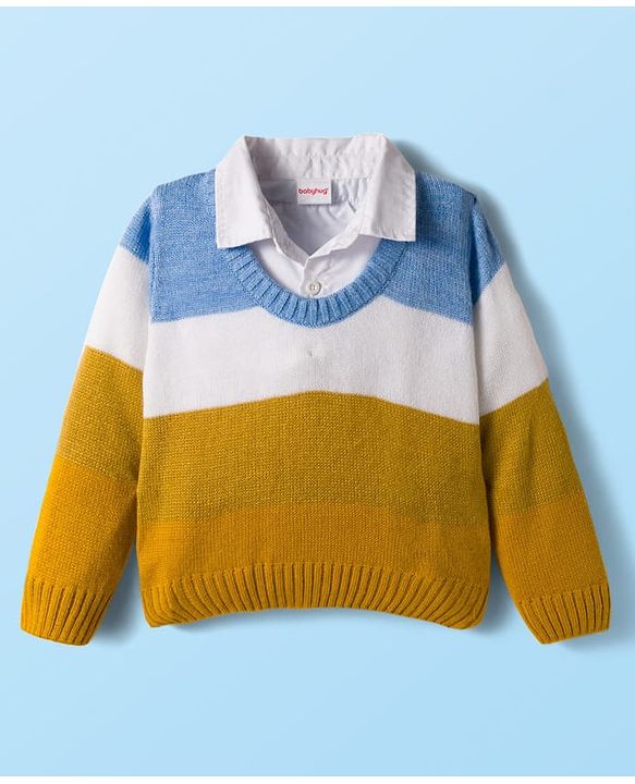 Babyhug Knit Full Sleeves Pullover Sweater with Shirt Collar & Color Block - Multicolor