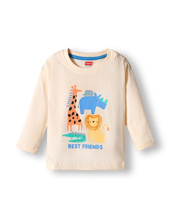 Babyhug Terry Knit Full Sleeves T-Shirt and Joggers Set with Animal Print - Tan & Light Blue