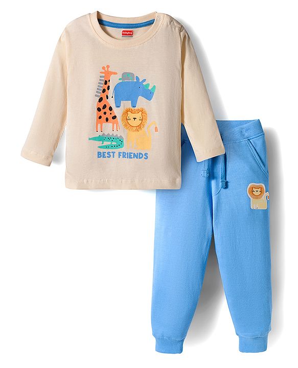 Babyhug Terry Knit Full Sleeves T-Shirt and Joggers Set with Animal Print - Tan & Light Blue