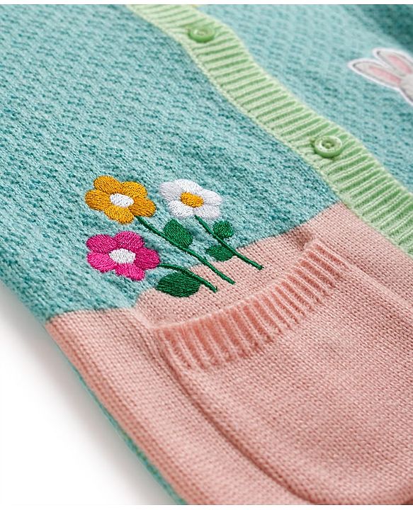 Babyhug Knitted Full Sleeves Front Open Sweater With Bunny & Floral Embroidery - Multicolor