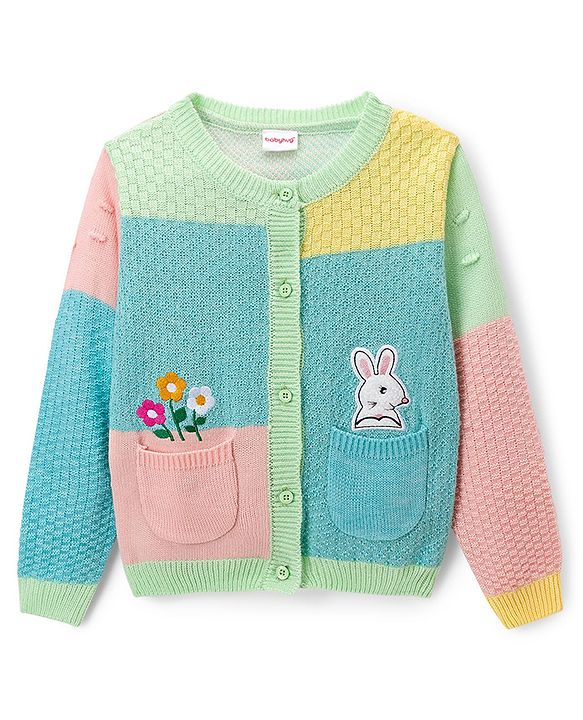 Babyhug Knitted Full Sleeves Front Open Sweater With Bunny & Floral Embroidery - Multicolor