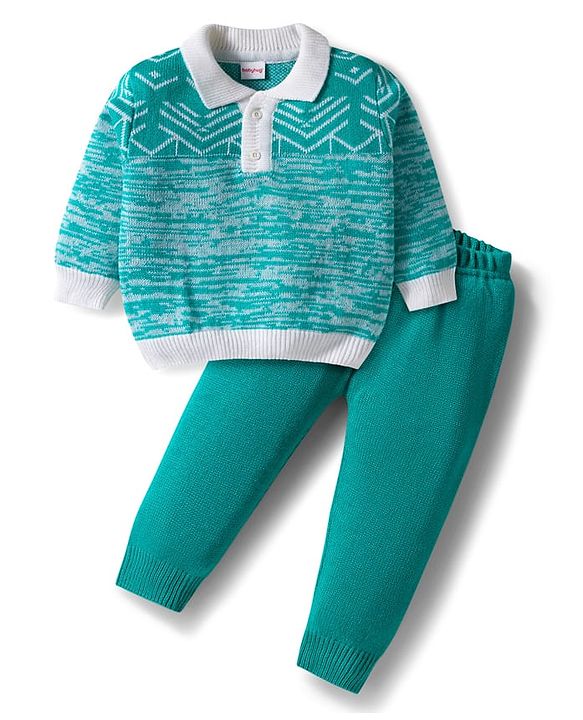 Babyhug Knitted Full Sleeves Pullover Sweater Set With Abstract Design - Turquoise Blue