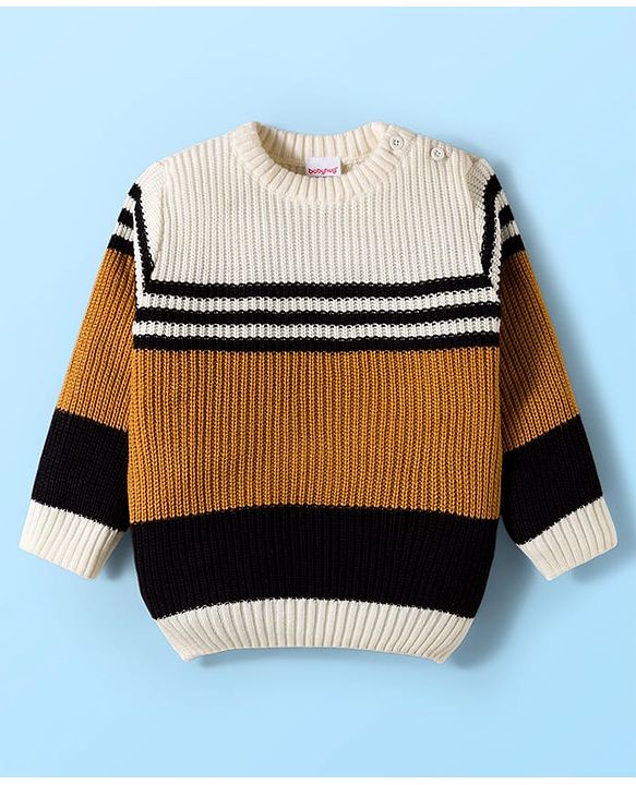 Babyhug Knit Full Sleeves Pullover Sweater Set With Stripes - Mustard