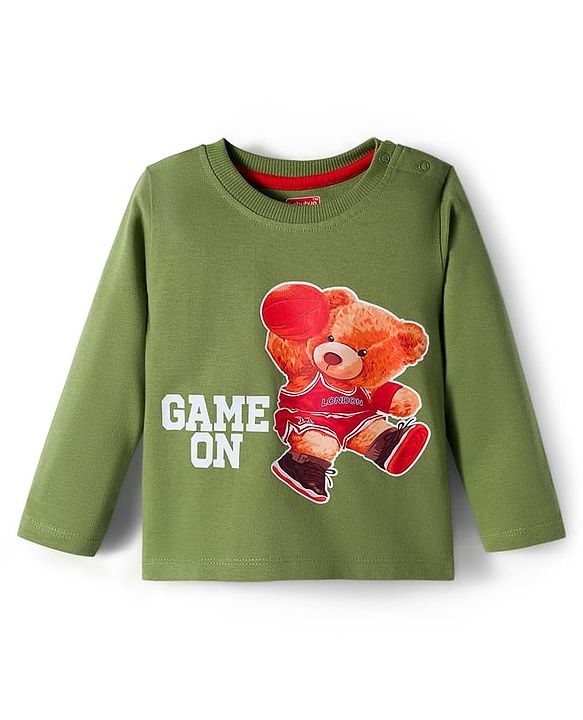 Babyhug Terry Knit Full Sleeves T-Shirt and Joggers Set with Teddy Print - Olive Green & Grey