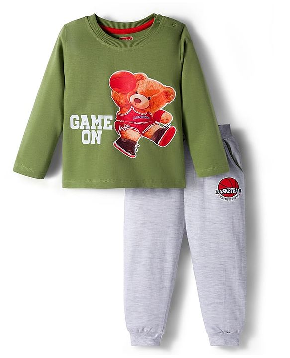 Babyhug Terry Knit Full Sleeves T-Shirt and Joggers Set with Teddy Print - Olive Green & Grey