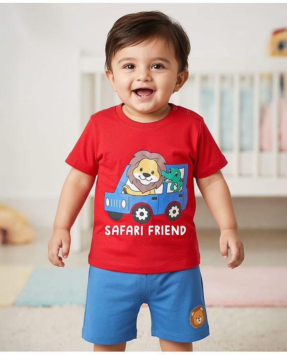 Babyhug Single Jersey Knit Half Sleeves T-Shirt & Shorts Set with Animal Safari Print - Red & Blue