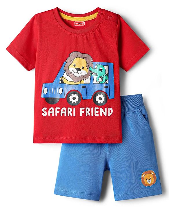Babyhug Single Jersey Knit Half Sleeves T-Shirt & Shorts Set with Animal Safari Print - Red & Blue