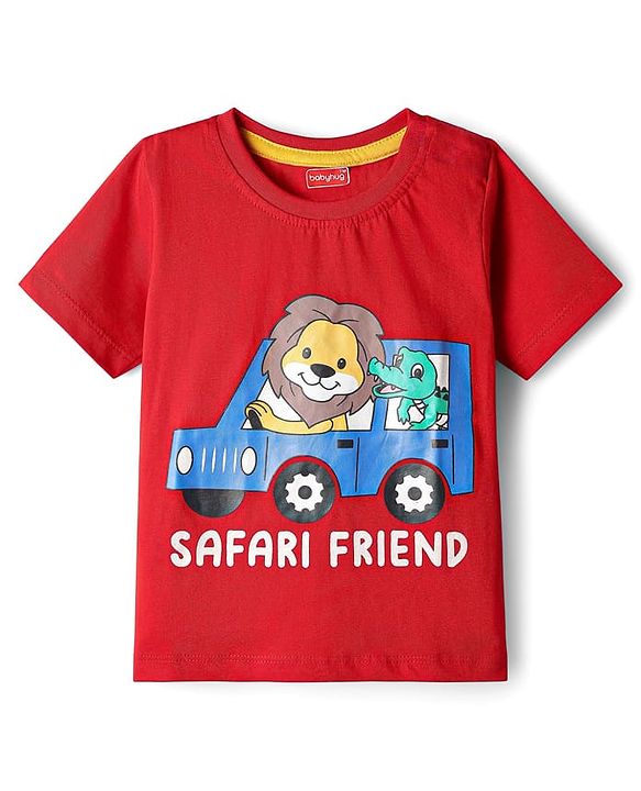Babyhug Single Jersey Knit Half Sleeves T-Shirt & Shorts Set with Animal Safari Print - Red & Blue