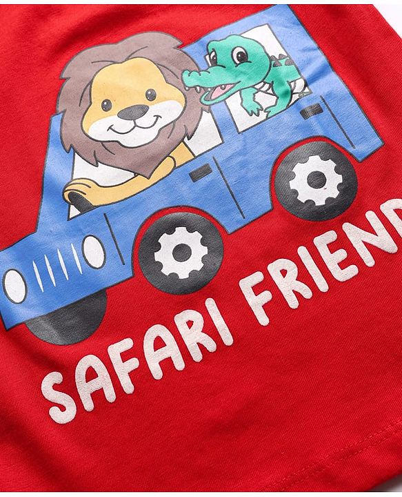 Babyhug Single Jersey Knit Half Sleeves T-Shirt & Shorts Set with Animal Safari Print - Red & Blue