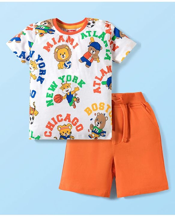Babyhug Single Jersey Knit Half Sleeves T-Shirt & Shorts Set With Animal Print - White & Orange