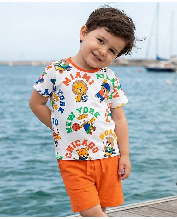 Babyhug Single Jersey Knit Half Sleeves T-Shirt & Shorts Set With Animal Print - White & Orange