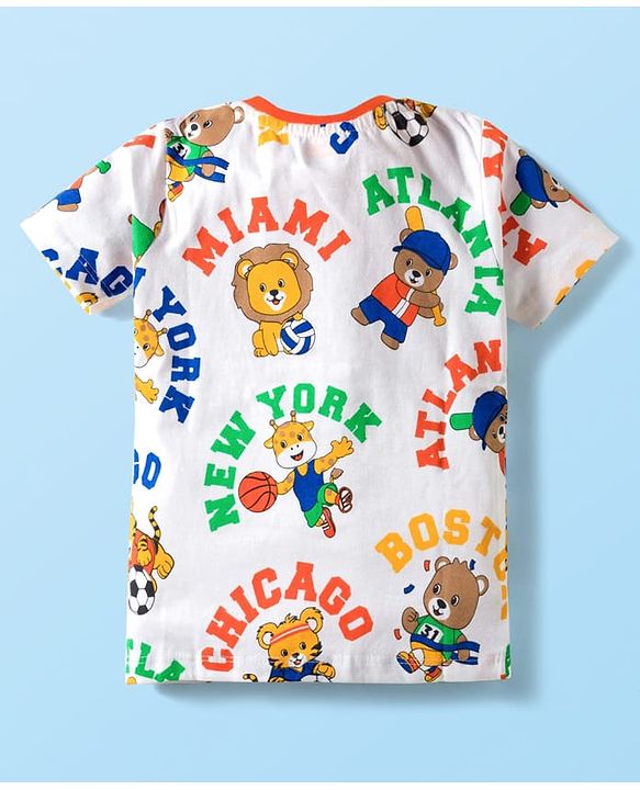 Babyhug Single Jersey Knit Half Sleeves T-Shirt & Shorts Set With Animal Print - White & Orange