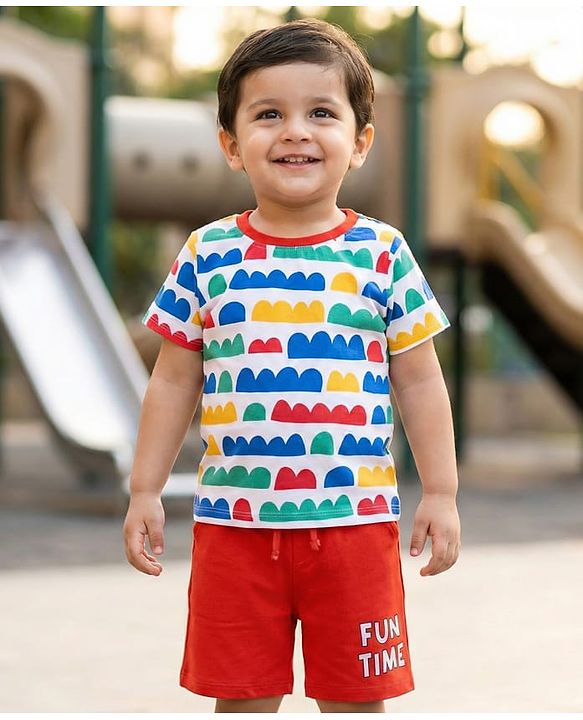 Babyhug Single Jersey Knit Half Sleeves Printed T-Shirt & Shorts Set - White & Red