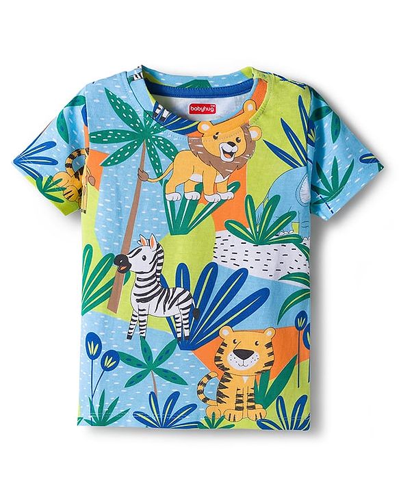Babyhug Single Jersey Knit Half Sleeves T-Shirt & Shorts Set With Animal Print - Blue