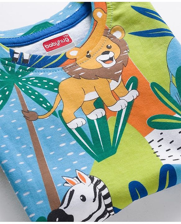 Babyhug Single Jersey Knit Half Sleeves T-Shirt & Shorts Set With Animal Print - Blue