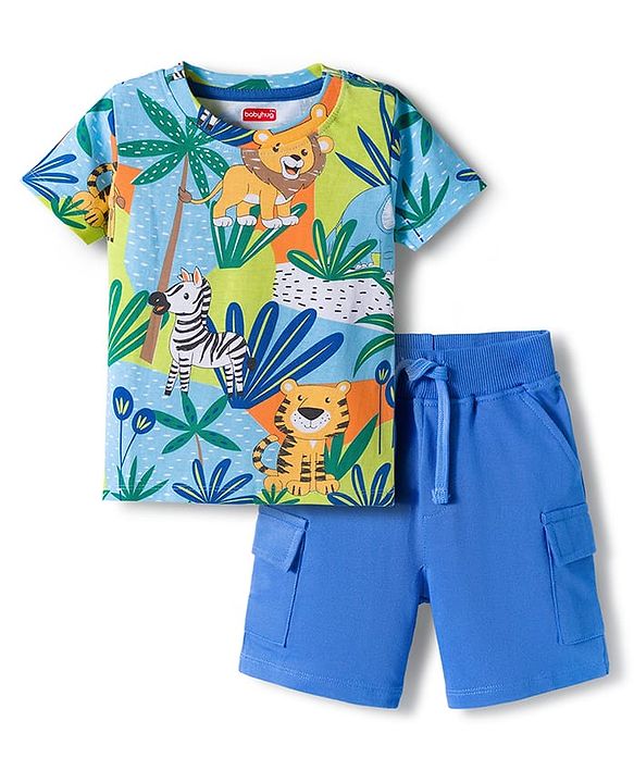 Babyhug Single Jersey Knit Half Sleeves T-Shirt & Shorts Set With Animal Print - Blue