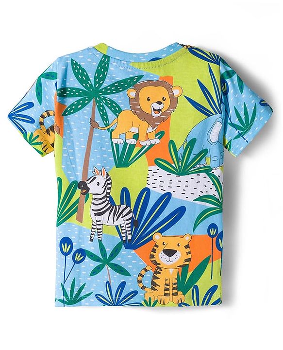 Babyhug Single Jersey Knit Half Sleeves T-Shirt & Shorts Set With Animal Print - Blue