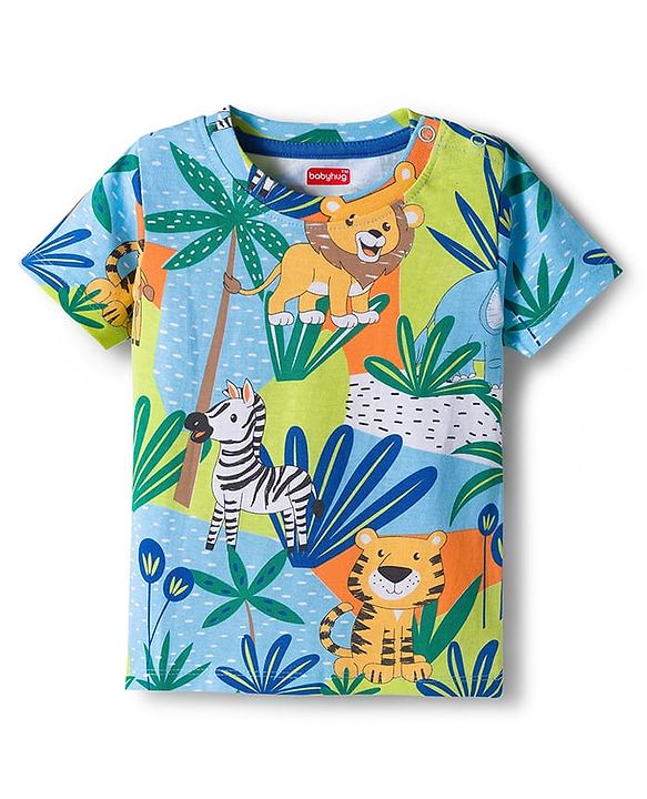Babyhug Single Jersey Knit Half Sleeves T-Shirt & Shorts Set With Animal Print - Blue