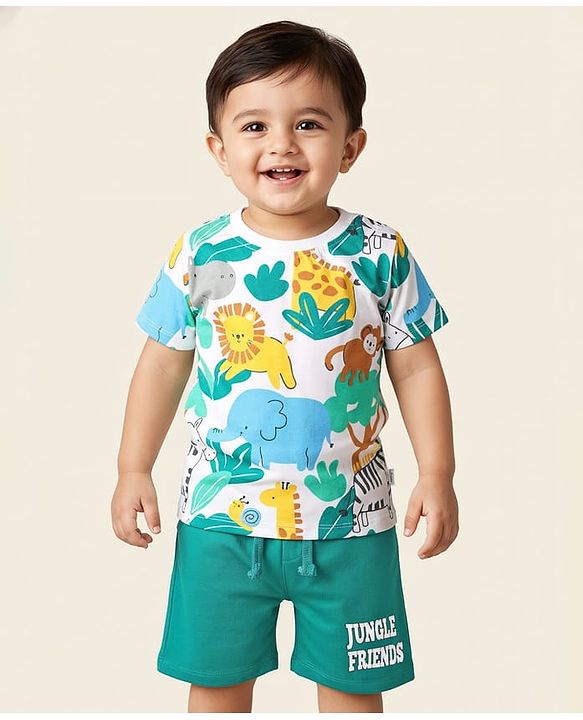 Babyhug 100% Cotton Single Jersey Knit Half Sleeves T-Shirt & Shorts Set with Jungle Theme Print - Mint