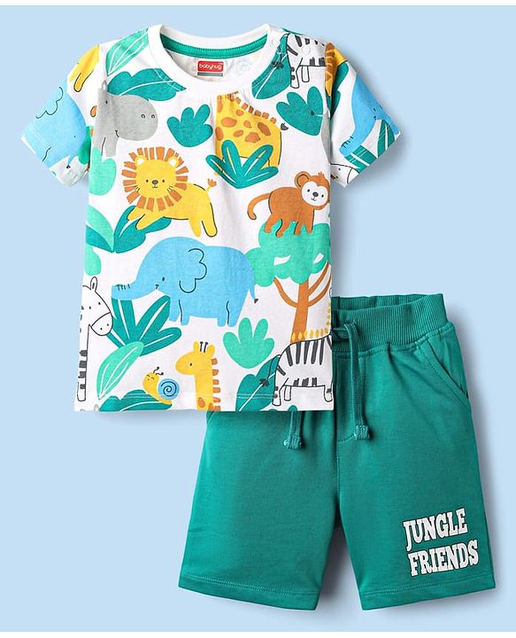 Babyhug 100% Cotton Single Jersey Knit Half Sleeves T-Shirt & Shorts Set with Jungle Theme Print - Mint