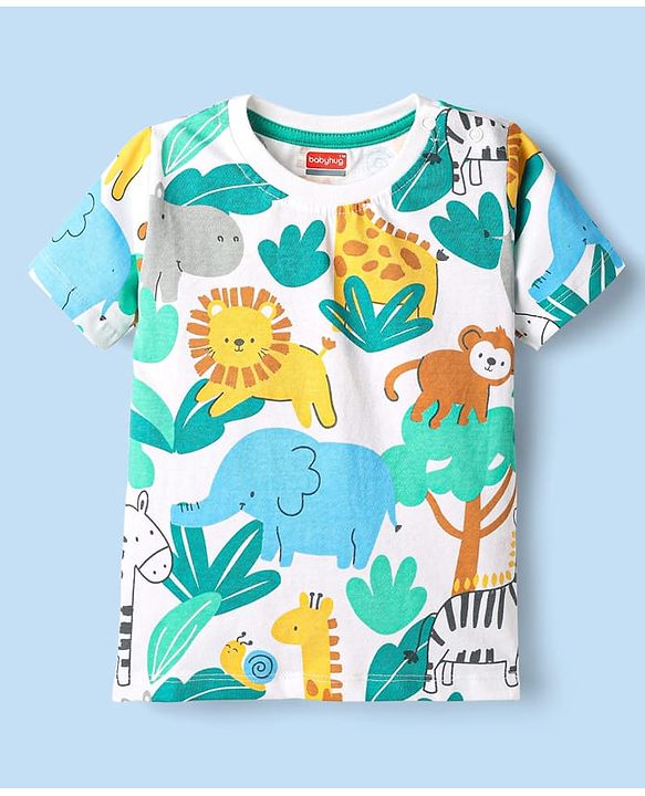 Babyhug 100% Cotton Single Jersey Knit Half Sleeves T-Shirt & Shorts Set with Jungle Theme Print - Mint
