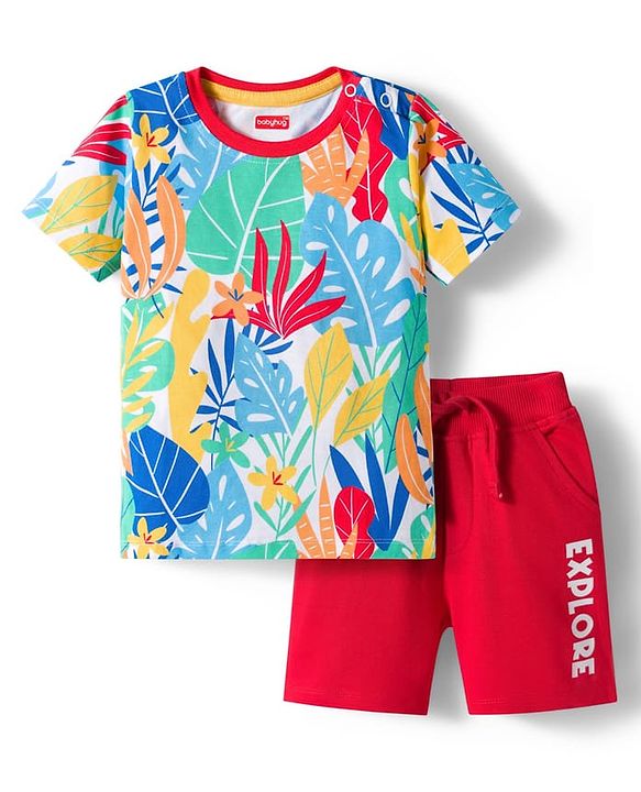 Babyhug Single Jersey Knit Half Sleeves T-Shirt & Shorts Set with Explore Text & Jungle Print - Red & Multicolor