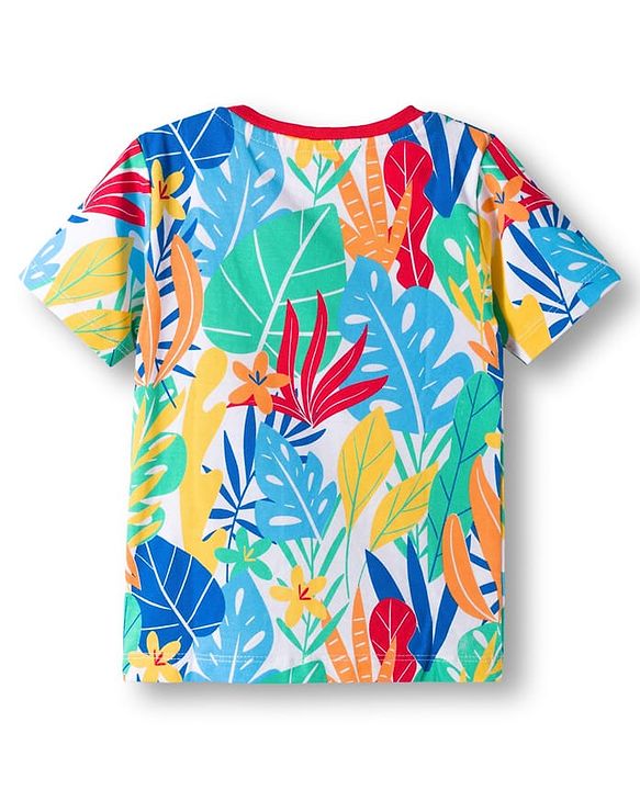 Babyhug Single Jersey Knit Half Sleeves T-Shirt & Shorts Set with Explore Text & Jungle Print - Red & Multicolor
