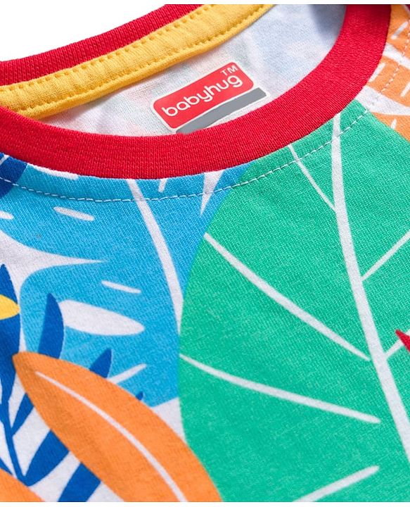 Babyhug Single Jersey Knit Half Sleeves T-Shirt & Shorts Set with Explore Text & Jungle Print - Red & Multicolor