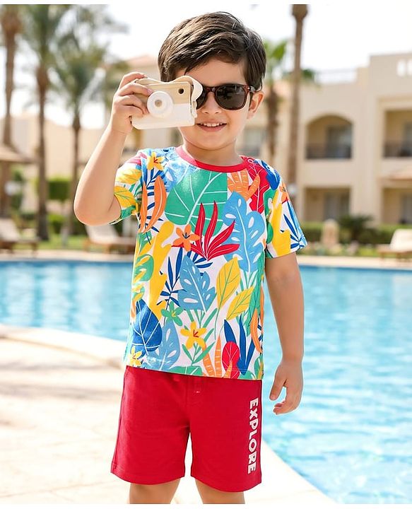 Babyhug Single Jersey Knit Half Sleeves T-Shirt & Shorts Set with Explore Text & Jungle Print - Red & Multicolor