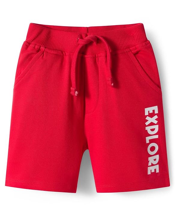 Babyhug Single Jersey Knit Half Sleeves T-Shirt & Shorts Set with Explore Text & Jungle Print - Red & Multicolor