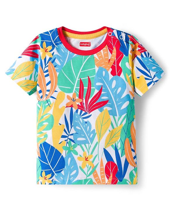 Babyhug Single Jersey Knit Half Sleeves T-Shirt & Shorts Set with Explore Text & Jungle Print - Red & Multicolor
