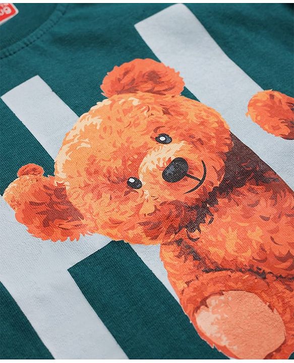 Babyhug Single Jersey Knit Half Sleeves T-Shirt and Shorts Set With Teddy Print - Dark Green