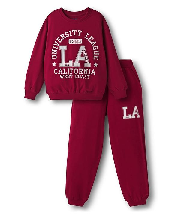 Pine Kids Looper Knit Full Sleeves Winter Wear Suit Set with California University League Print - Scarlet Smile Maroon