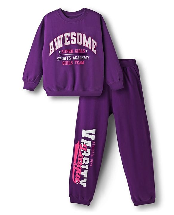 Pine Kids Looper Knit Full Sleeves Winter Wear Sweatshirt & Lounge Pant Set With Text Print - Purple