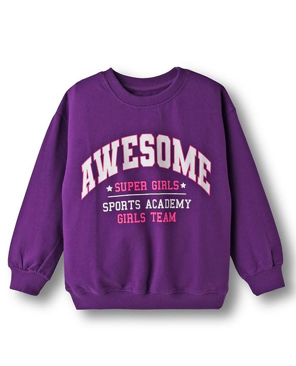 Pine Kids Looper Knit Full Sleeves Winter Wear Sweatshirt & Lounge Pant Set With Text Print - Purple