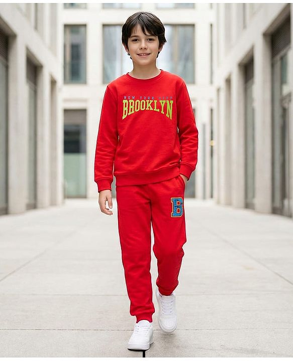 Pine Kids Looper Knit Full Sleeves Winter Wear Sweatshirt & Joggers Set with Brooklyn Text Print - Red