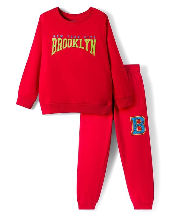 Pine Kids Looper Knit Full Sleeves Winter Wear Sweatshirt & Joggers Set with Brooklyn Text Print - Red