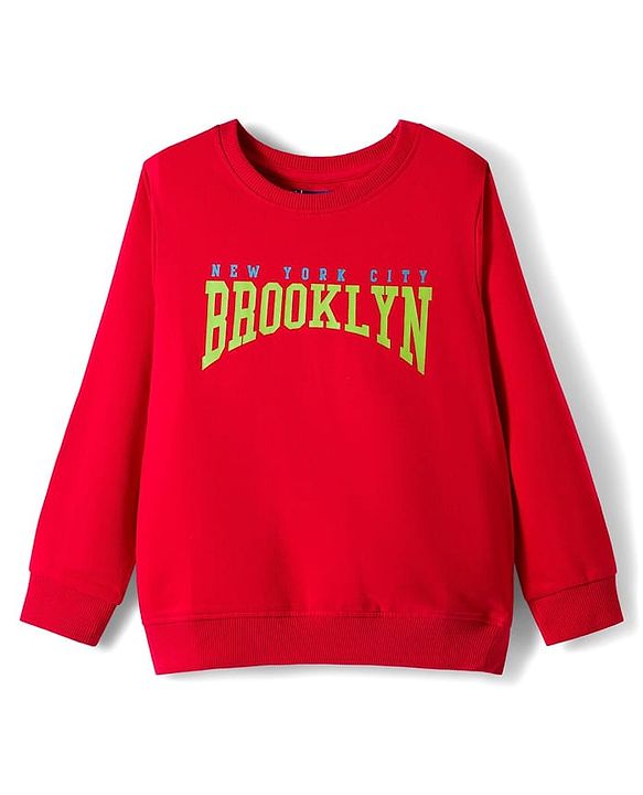 Pine Kids Looper Knit Full Sleeves Winter Wear Sweatshirt & Joggers Set with Brooklyn Text Print - Red