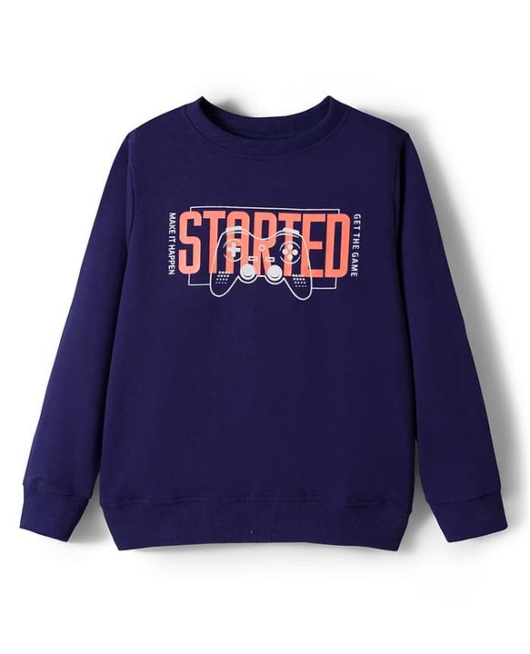 Pine Kids Looper Knit Full Sleeves Winter Wear Sweatshirt & Lounge Pant Set With Text Print - Navy Blue