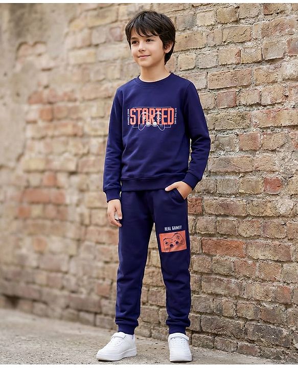Pine Kids Looper Knit Full Sleeves Winter Wear Sweatshirt & Lounge Pant Set With Text Print - Navy Blue
