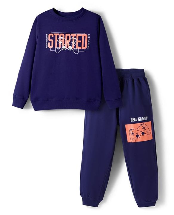 Pine Kids Looper Knit Full Sleeves Winter Wear Sweatshirt & Lounge Pant Set With Text Print - Navy Blue