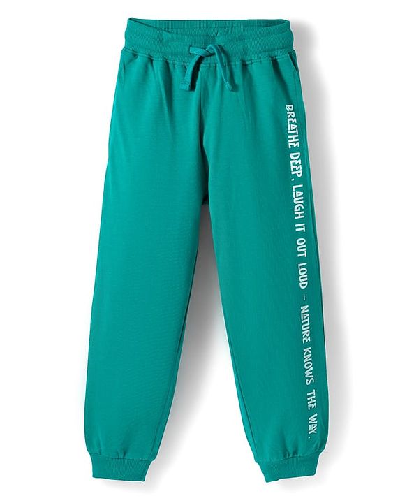 Pine Kids Looper Knit Full Sleeves Winter Wear T-Shirt & Lounge Pant Set With Text Print - Dark Green