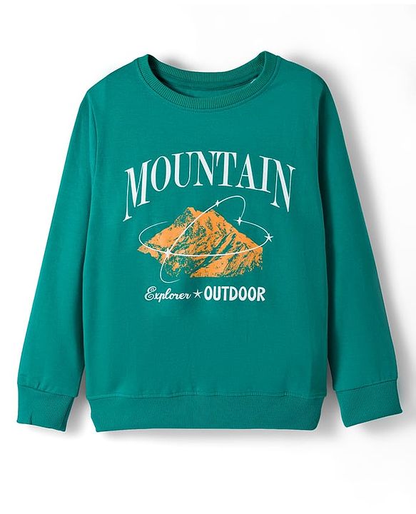 Pine Kids Looper Knit Full Sleeves Winter Wear T-Shirt & Lounge Pant Set With Text Print - Dark Green