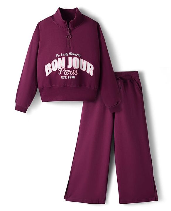 Pine Kids Looper Knit Full Sleeves High Neck Winter Wear Suit Set With Bonjour Text Print - Wine