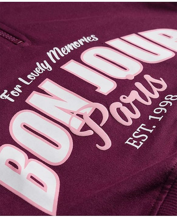 Pine Kids Looper Knit Full Sleeves High Neck Winter Wear Suit Set With Bonjour Text Print - Wine